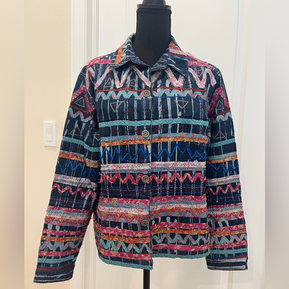 Chico's Scrap Art Fabric Jean Jacket